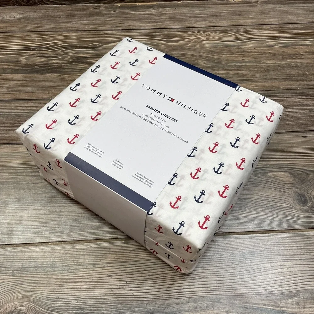 Tommy Hilfiger 100% Cotton KING 4 Piece Sheet Set Anchor Print Nautical NEW